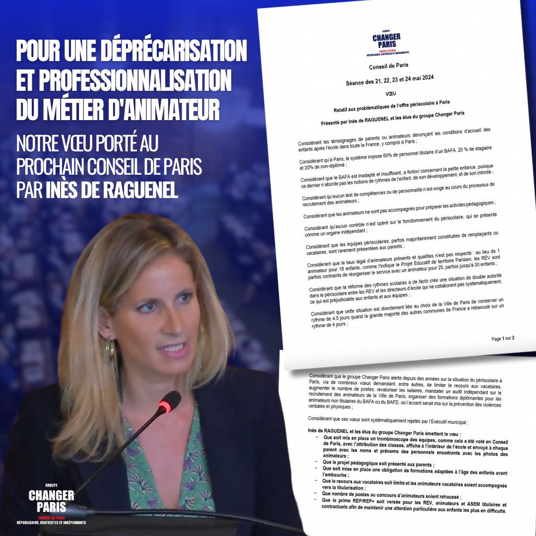 🚨Nouvelle grève des animateurs du périscolaire parisien pour leurs conditions de travail! Pourtant, depuis des années, nous offrons des solutions pour déprécariser & professionnaliser leur métier! ➡️Avec @InesDeRaguenel, nous les défendrons encore au prochain #ConseildeParis!