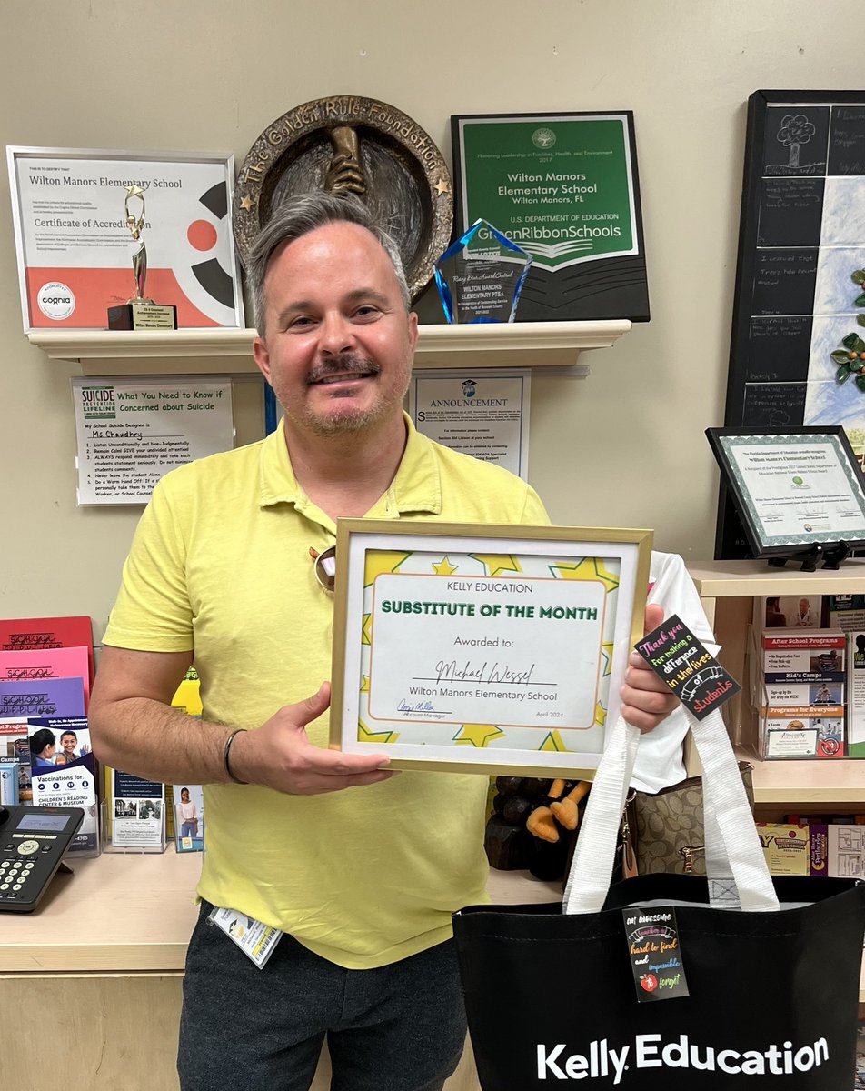 Congratulations to Mr. Wessel for being awarded as Kelly Education’s Guest Teacher of the Month. Thank you for your commitment to the students and staff of Wilton Manors IB World School.