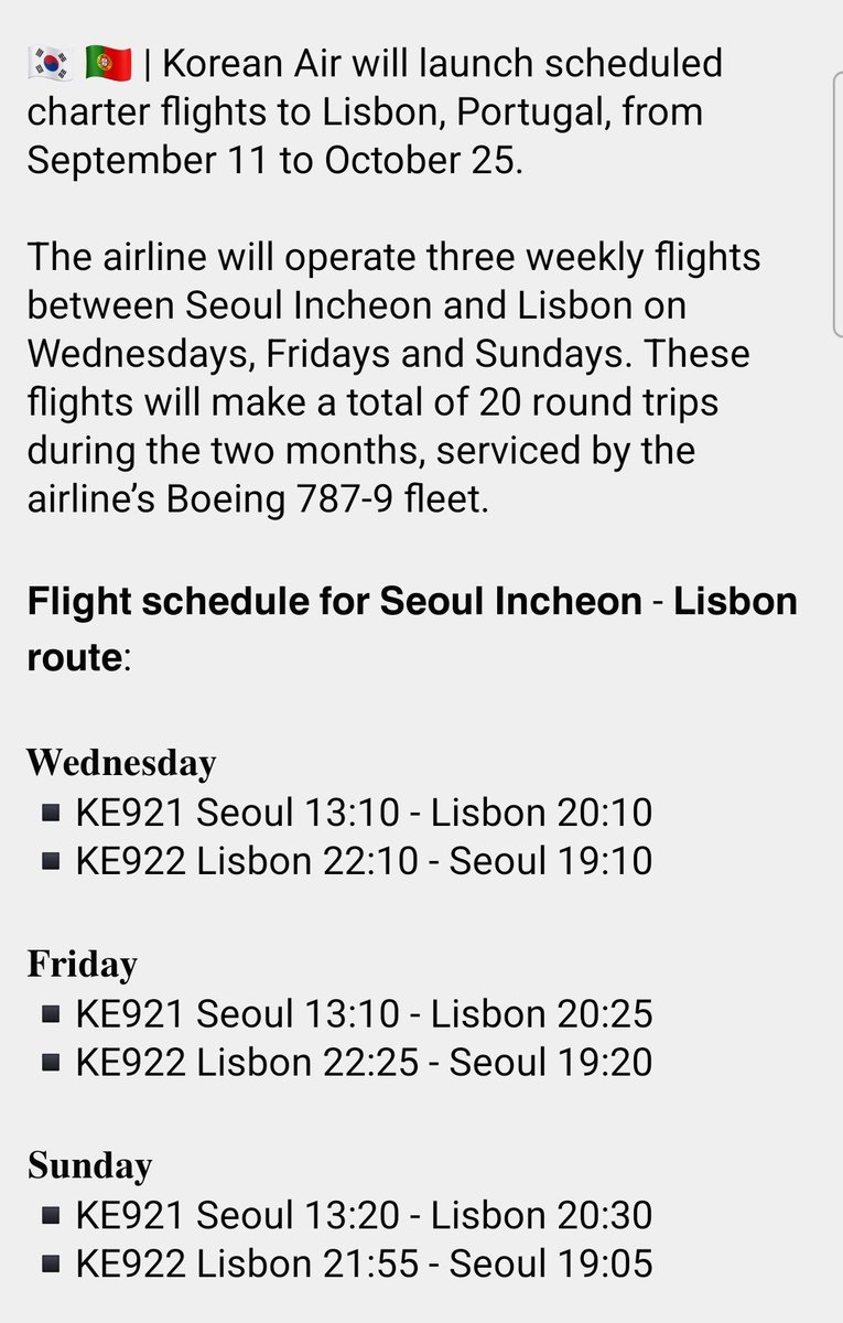 🇰🇷 🇵🇹 | #KoreanAir will launch scheduled charter flights to Lisbon, #Portugal, from September 11 to October 25. The airline will operate 3 weekly flights between #Seoul Incheon and #Lisbon on Wednesdays, Fridays and Sundays. 📷 ©Korean Air #southKorea #aviation #AvGeek #avgeeks