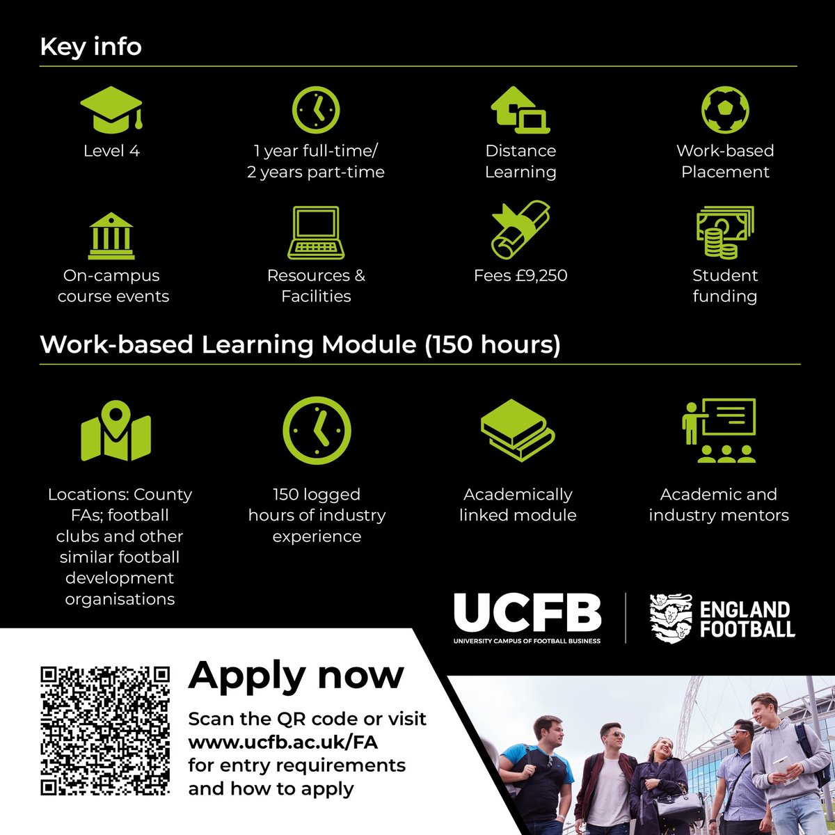 .@UCFB has launched a new Certificate of HE in collaboration with @EnglandFootball and the @FA to support career opportunities within football development 🎓 It includes one year of distance learning, with 150 hours of industry experience. Read more: bit.ly/3Vh6vBW