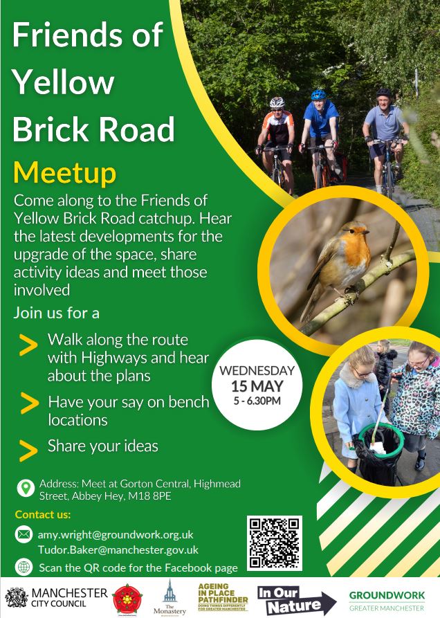 Join us at the next Friends of Yellow Brick Road meet up. A member of the Highways Delivery team will be on hand to provide a summary overview of the project, timescales and much more. @CllrJulieReid @JohnHughes55 @GroundworkGM @SouthwayHousing @AfAgeing @InOurNatureMCR 🌿🌸🌴