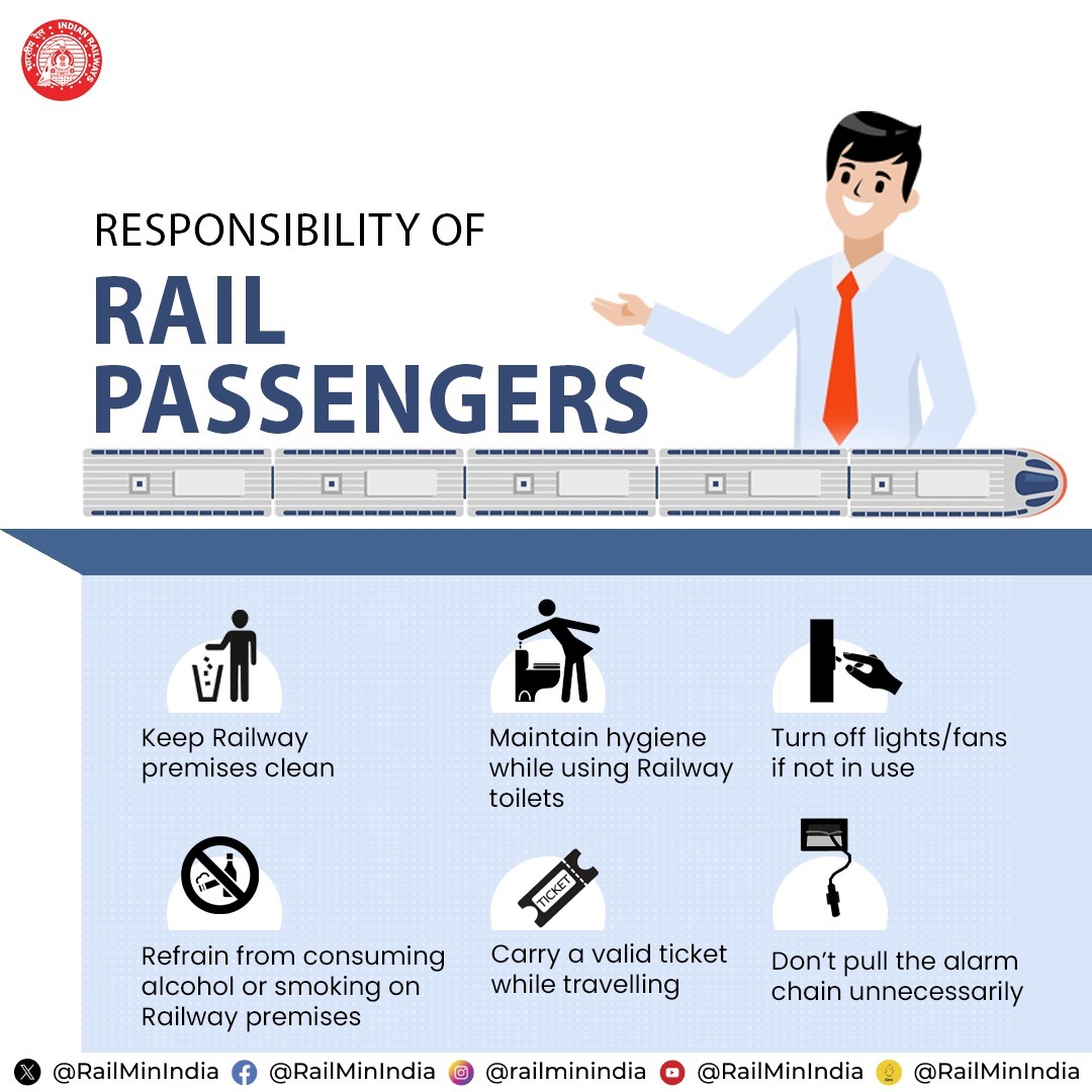 A handful of measures go a long way. Passengers are requested to be  #ResponsibleRailYatri near and at Rail premises.