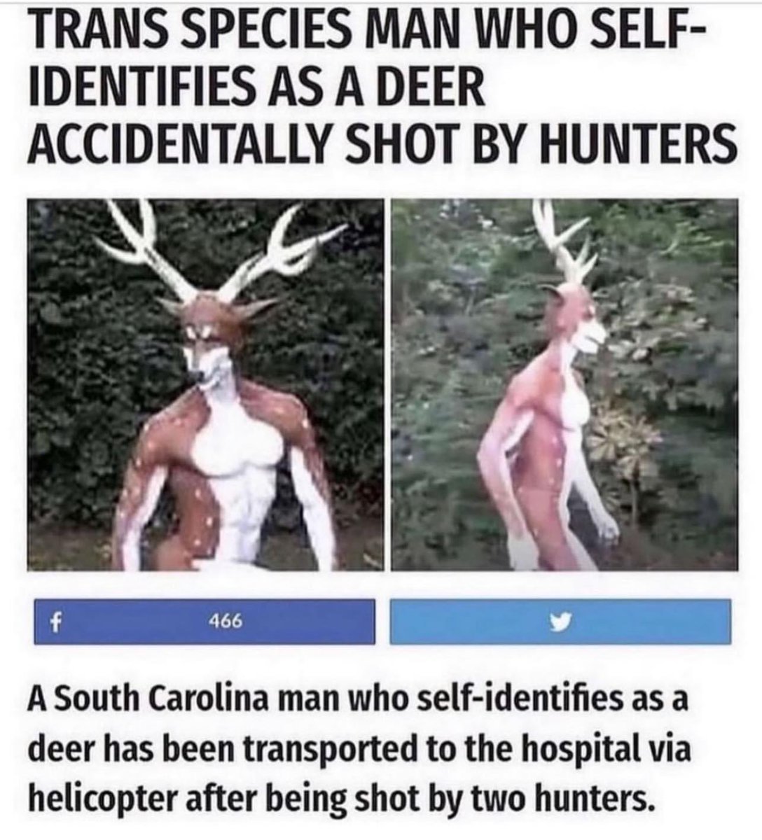 Drame du transgenrisme.
Un homme qui s’identifie à un cerf s’est fait tirer dessus par des chasseurs.
Mais selon leur propre théorie (= si on s’identifie à un truc, c’est qu’on l’est) , les chasseurs ne devraient pas avoir d’ennuis puisque la chasse était ouverte.