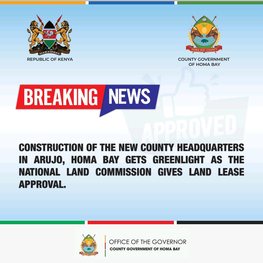 Exciting News Update: Our new Homa Bay County Government headquarters project in Arujo has officially received the greenlight from the National Land Commission. Our headquarters will be a hub for innovation, productivity, and improved service delivery for the people of Homa Bay.