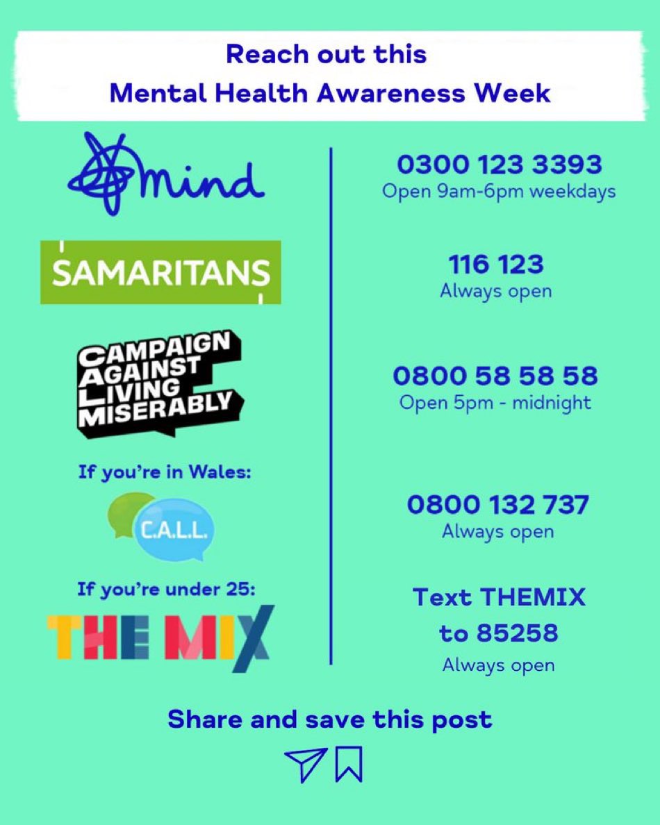 This week is mental health awareness week With everything going on, it can feel overwhelming. But at that moment we shouldn’t feel embarrassed about reaching out If you’re in this position please call one of the following: #MentalHealthAwarenessWeek #ItsOkayNotToBeOkay