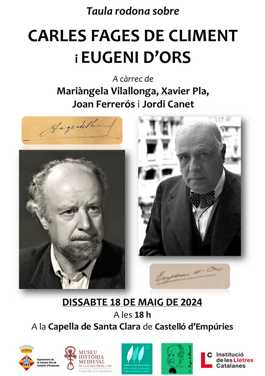 📚 Dissabte 18 de maig a les 18 h a Castelló d'Empúries: taula rodona sobre Carles Fages de Climent (1902-1968) i Eugeni d'Ors i Rovira (1881-1954) organitzada per @Castello_Emp i la @CMAAPL, amb @MVilallonga, @PlaXavierpla5, @joanferreros i Jordi Canet. #fagesdecliment #lletres