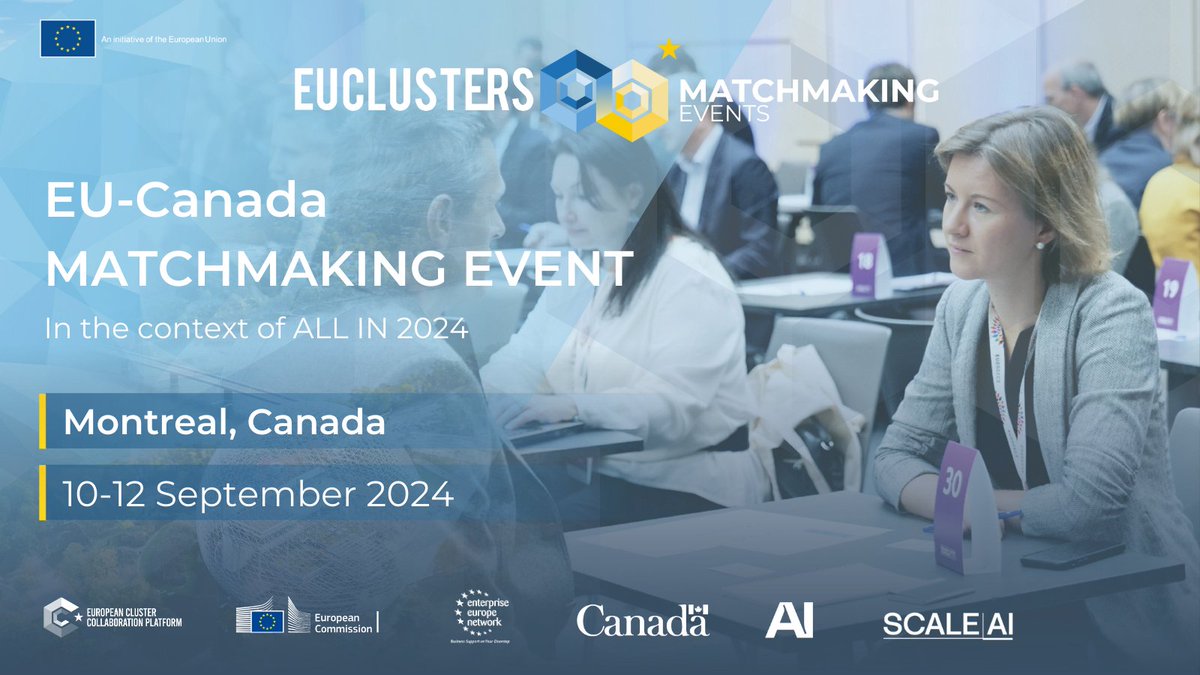 📢 Apply now for the EU-Canada #ECCPMatchmaking event! 🇪🇺🤝🇨🇦

📍 Montreal, Canada
🗓️ 10-12 Sept 2024

The matchmaking event will be held in the context of @allincanada, an event dedicated to Canadian AI. 🤖🧠

Deadline: 28 May. Don't hesitate! #ECCP 👇
clustercollaboration.eu/content/eu-can…