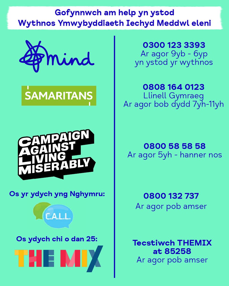 It’s Mental Health Awareness Week 🎉 If you’re needing a little support, here’s who to call ☎️ Gofynnwch am help yn ystod Wythnos Ymwybyddiaeth Iechyd Meddwl eleni 💙