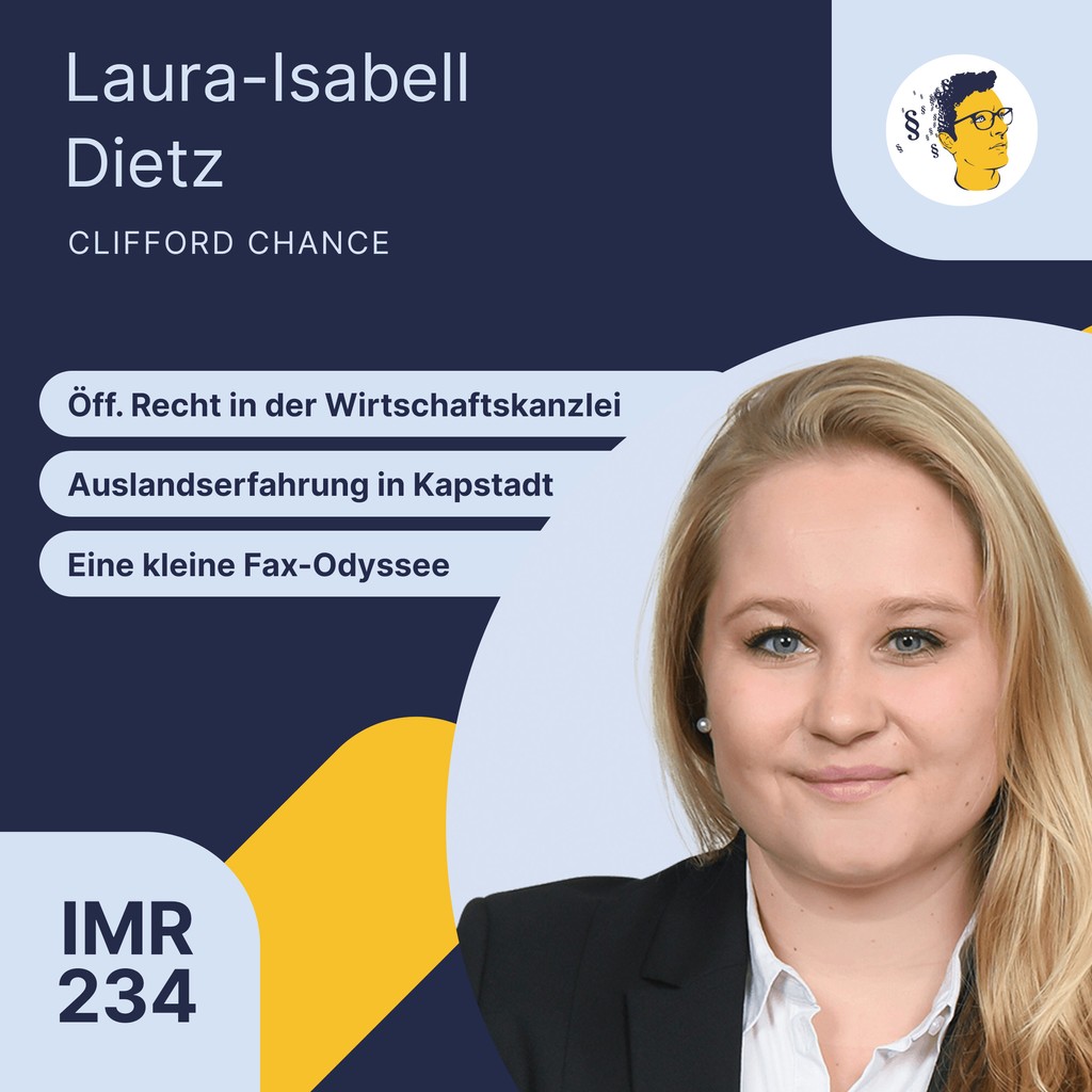 Neue Episode online ⭐: "Öffentliches Recht in der Wirtschaftskanzlei, Auslandserfahrung in Kapstadt, ESG-Regelungen in Unternehmen, Eine kleine Fax-Odyssee" mit Laura Dietz. Viel Spaß!

▶️ irgendwasmitrecht.de/234