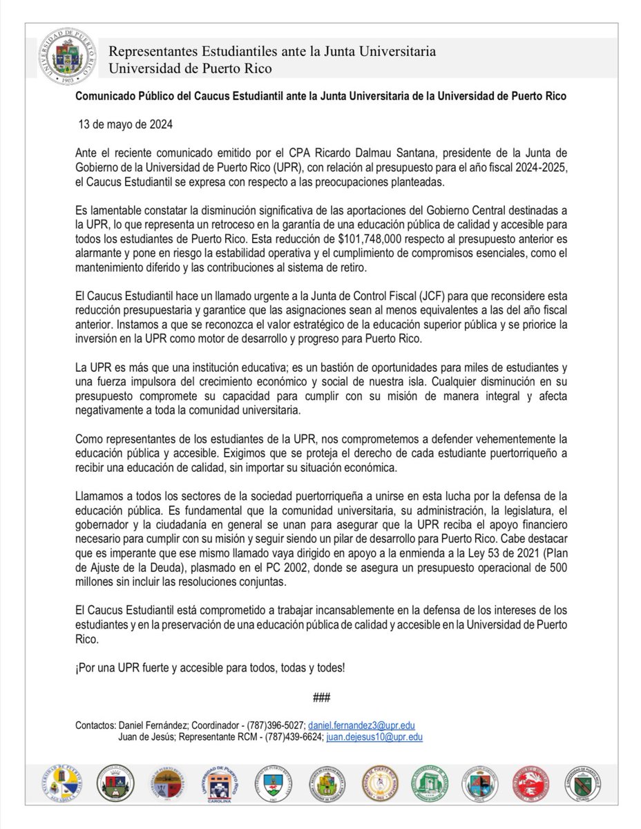 Comunicado Público del Caucus Estudiantil ante la Junta Universitaria de la UPR con relación al Presupuesto para el año fiscal 2024-2025.