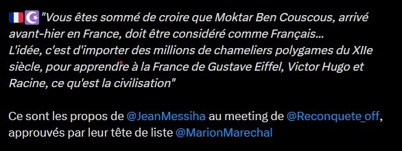 C'est @JeanMessiha qui parle le mieux de Hossam Botros Messiha : Arrivé en France à l'âge de huit ans, fils d'un chamelier égyptien, à 20 ans, il est naturalisé français. Chez @Reconquete_off on l'applaudit , avec un sourire narquois, car il dit ce qu'ils pensent de lui . Son…