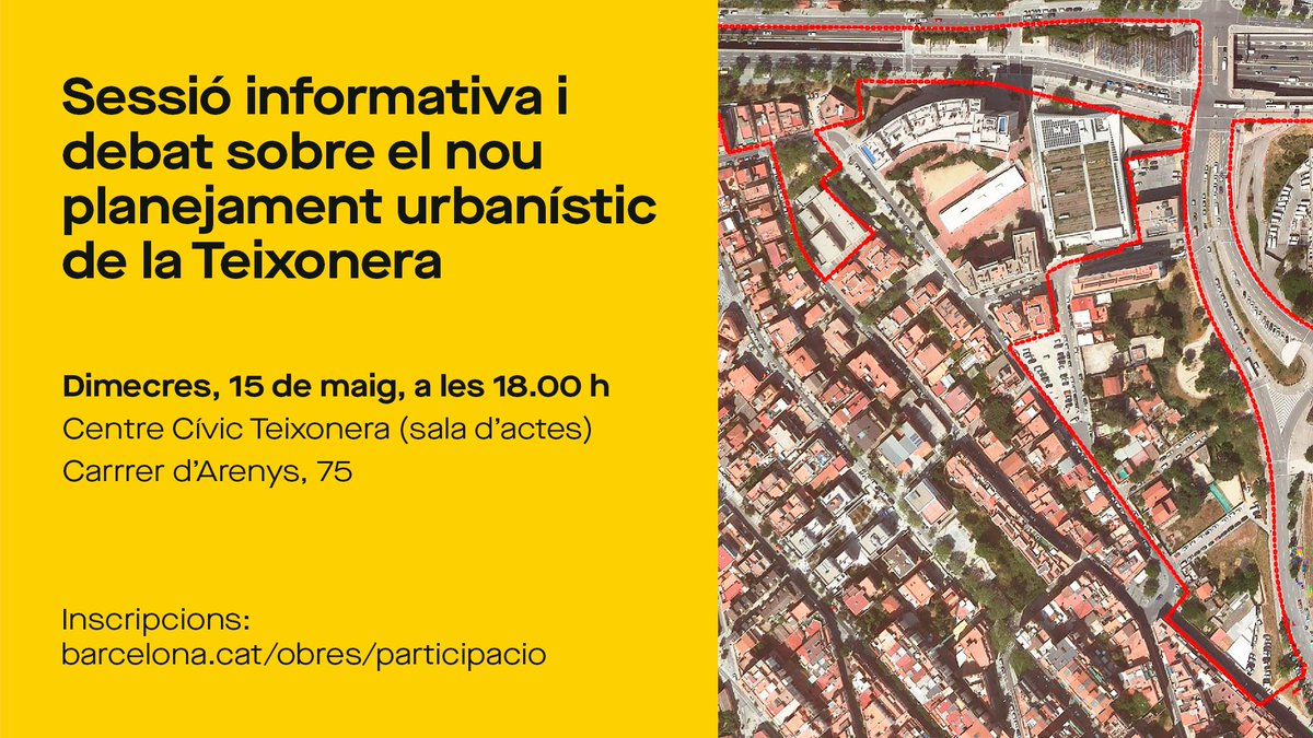 👥 Avança el procés participatiu sobre la planificació urbanística de la Teixonera 🙋‍♀️ Aquesta setmana tindrà lloc la segona sessió informativa i de debat 🗓️ 15 de maig, 18.00 h 📍 Centre Cívic @ccteixonera (Arenys, 75) Més informació i inscripcions: via.bcn/LwH050RzllX