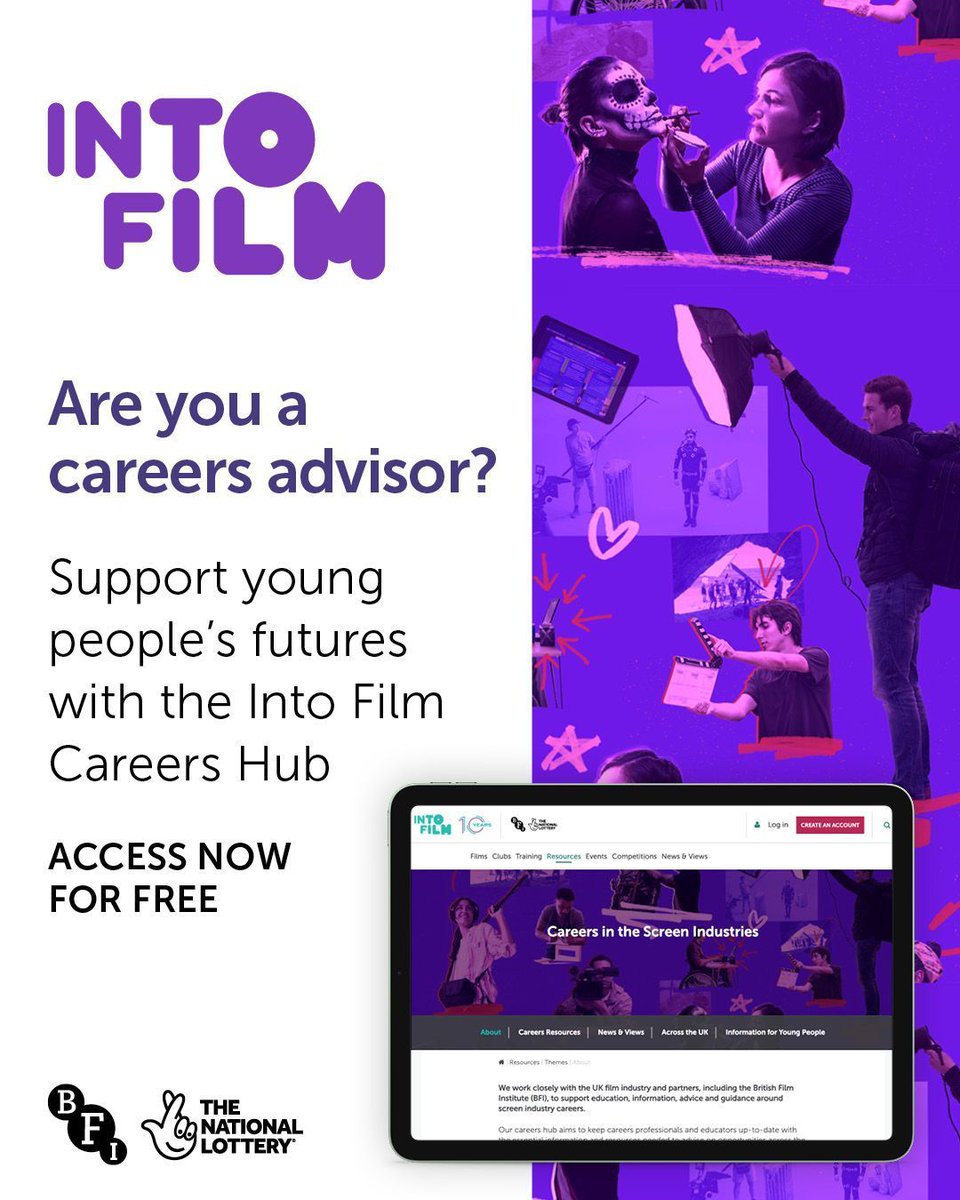 Discover the @intofilm_edu Careers Hub - a one stop shop for #Careers Leads and teachers to inform and support young people interested in the screen industries, supported by the @BFI, awarding #NationalLottery good cause funding 🎬 Access now! 👉 buff.ly/3WETdjo.
