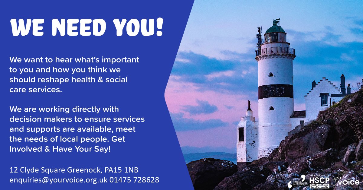 We want to hear what's important to you, how you think we should reshape health and social care services and supports available. 💚🙂

Email enquiries@yourvoice.org.uk or call 01475 728628 to get involved!

yourvoice.org.uk/involve-inverc…

#inverclydecares