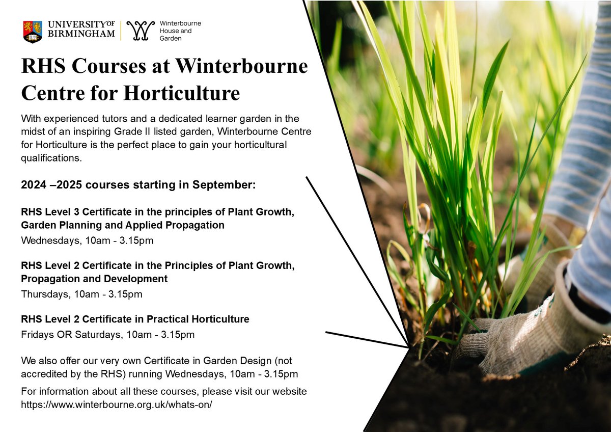 Registration is now open for the 2024 intake for our popular RHS accredited courses here at Winterbourne. Vist the website for more information and to apply. winterbourne.org.uk/rhs/ #WinterbourneGarden #UniversityOfBirmingham #RHS #HorticultureCourses #Gardening