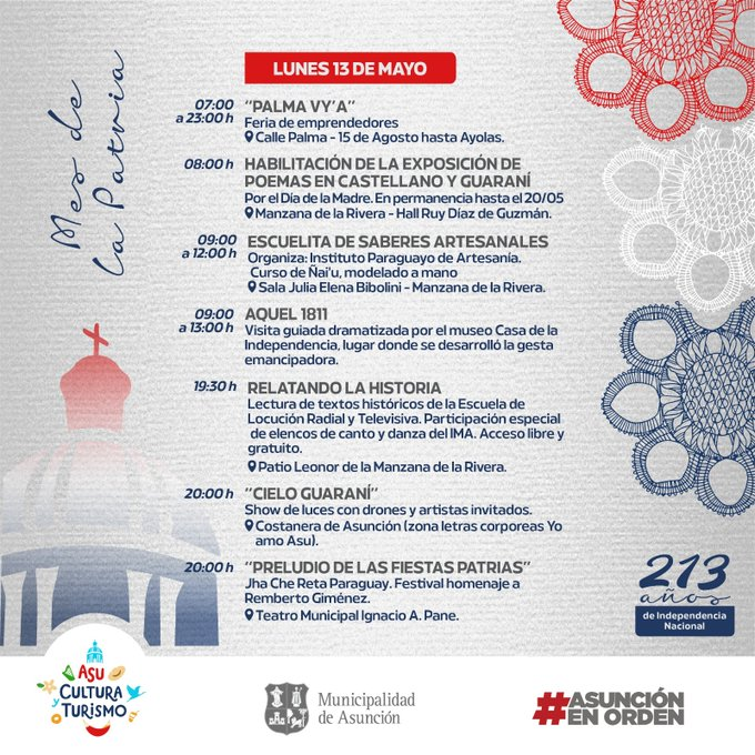 Previa de los #213Py! 🇵🇾

📍Mirá las actividades que están programadas en la ciudad de Asunción por las #FiestasPatrias 
👇Aprovechá la víspera del feriado y salí de la rutina  🥳

#FiestasPatrias
#213Py