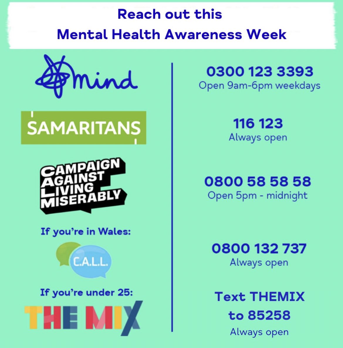 MENTAL HEALTH AWARENESS WEEK 💚 Please remember you are not alone, it’s okay not to be okay! ❤️ These services are for anyone who's struggling. ⬇️ They won't judge you. They're free, they're anonymous, and they're always open, 24-7. SAMARITANS, Call - 116 123 Text - SHOUT