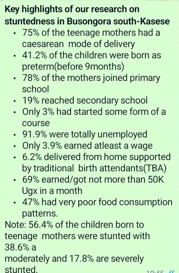 Our recent research on the Stunting among Children aged 6-59 months born 2 teenage mothers in Kasese are not good, 56.4% are stunted. Here below are more insights, you can access the report on our website as well gedauganda.org/GEDA%20Documen… The unsafe food patterns are key as well.
