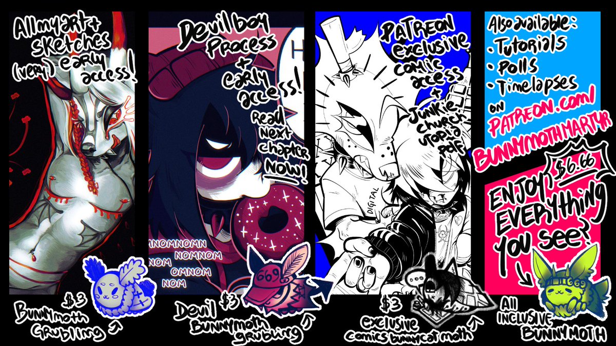 BUNNYMOTHMARTYR's tweet photo. Monthly Pawtreon Promo 🐾 
I'm so close to a milestone AND have recorded the whole process for the first painting for you to see! Waow!!! So if you want access to my art before september or Devil Boy one chapter earlier consider helping a bunny out 🐰 https://t.co/lFDPs0JEGg