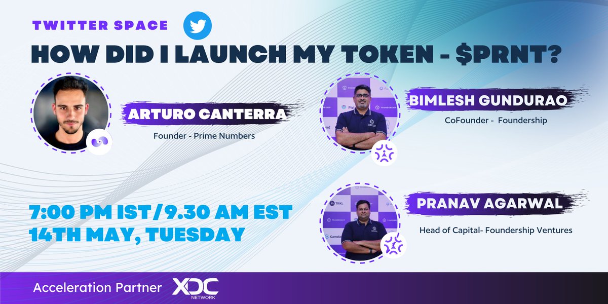 'How did I Launch my Token - $PRNT?' 🚀 Join Arturo Cantera @Arturo_Cantera in a Twitter Space event where he shares his journey and experience with @bimleshgundurao and @finallrounder Exclusively for Web3 Founders ! 🎨 Arturo is the Founder of @PrimeNumbersFi Lets Dive into