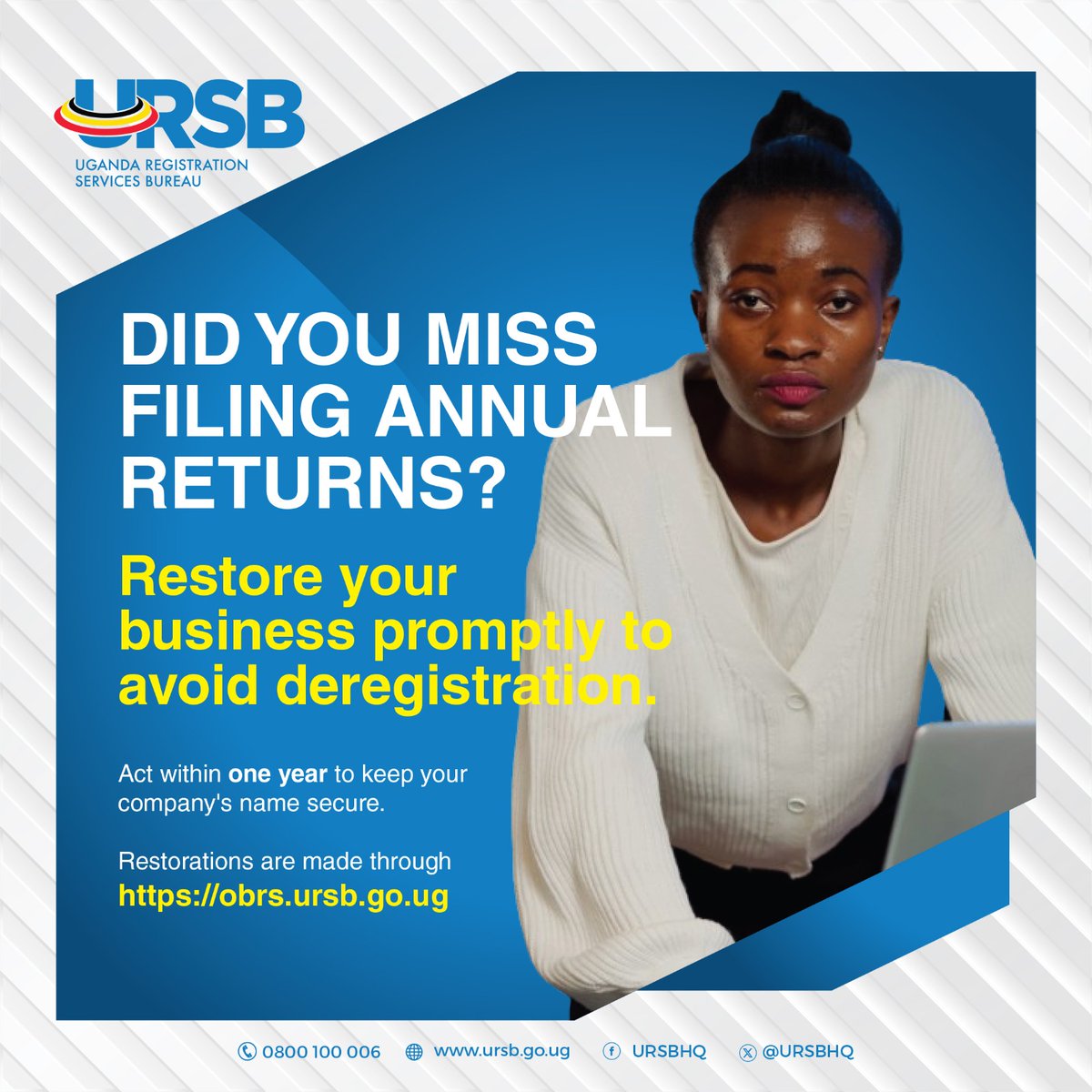 🚨 Don't let your business get left behind. Missed filing your annual returns? Act now to keep your business thriving. Quick and easy restorations available at obrs.ursb.go.ug/search. #BusinessRegistrationUG.