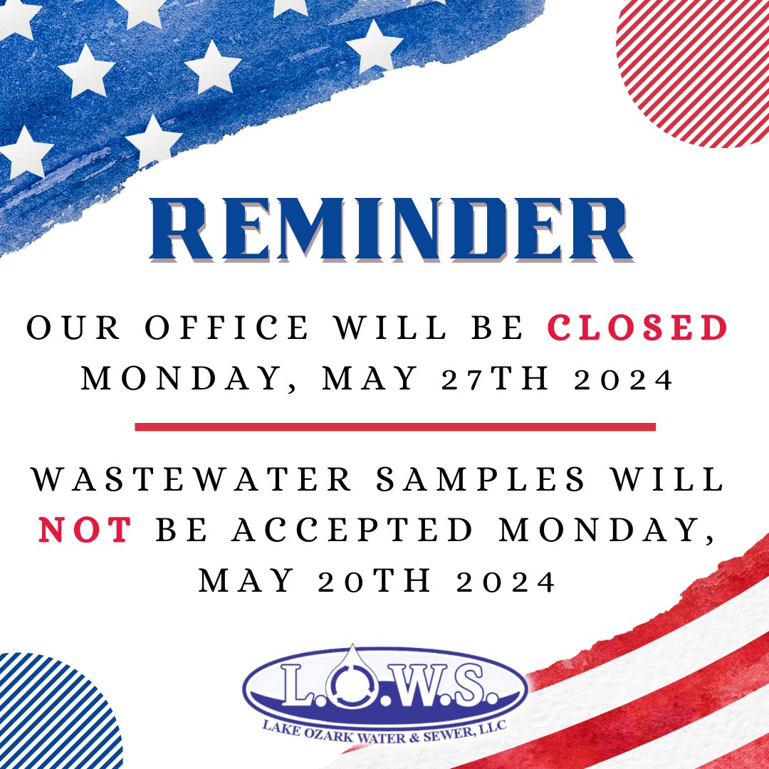 Important Reminder ‼️ 🇺🇸
Our office will be closed Monday, May 27th for Memorial Day. Due to this, we are unable to accept wastewater samples on Monday, May 20th, 2024.   Thank you for your understanding! 

#WastewaterTesting #DrinkingWaterTesting #WaterTesting #MemorialDay