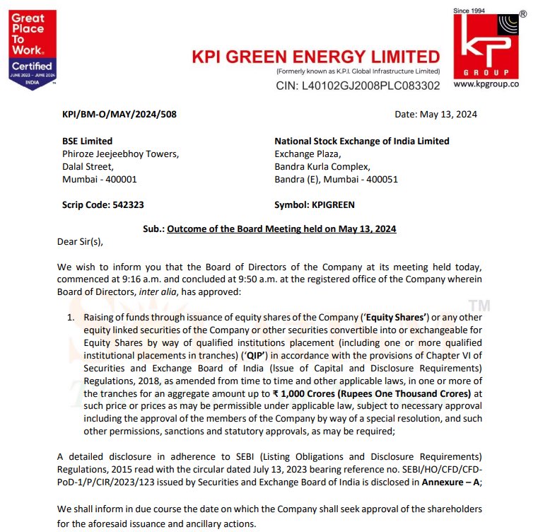 RE Companies - KPI Green (vs) Waaree 

KPI Green 
- Captive power company now became EPC focussed 
- Not handled large scale utility projects
- High debt leverage of 3x
- No appetite for further debt

Took Equity raise route for growth - QIP Rs 1000 crs

Waaree Renewables…