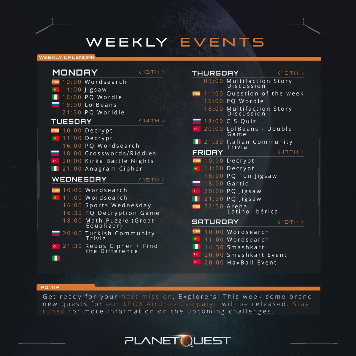 Weekly Community #PQEvents Overview! ✨ All times are CET ⏰ and stay tuned for the new quests coming soon! 👀
