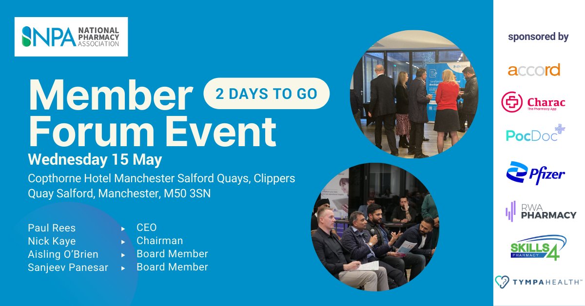 2 days to go ⏰ Our free event takes place this Wednesday in #Manchester. 💬Discuss our campaign work 📝Learn about Pharmacy First 🗣️Enjoy dinner + networking 🎤Hear from @PaulReesMBe, @nkpharmacy, @SanjPanesar & Aisling O'Brien. Reserve your space: npa.co.uk/npa-member-eve…