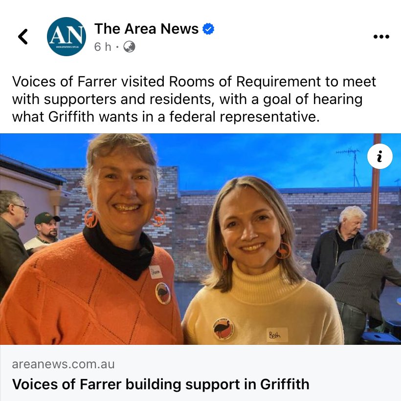 Another day, another media mention 🙌 Wet and woolly conditions during our #Griffith events over the weekend. Fab though to have heard what people in Griffith want and expect represented in their patch of #Farrer 🔗 to article ⤵️ areanews.com.au/story/8626595/… #AusPol