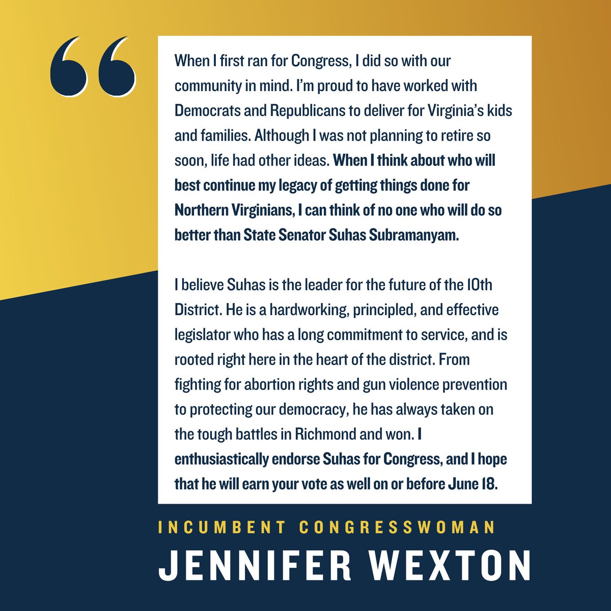 I am honored and excited to be endorsed by my long time mentor, friend, and Congresswoman, @JenniferWexton. 🧵⬇️ #VA10