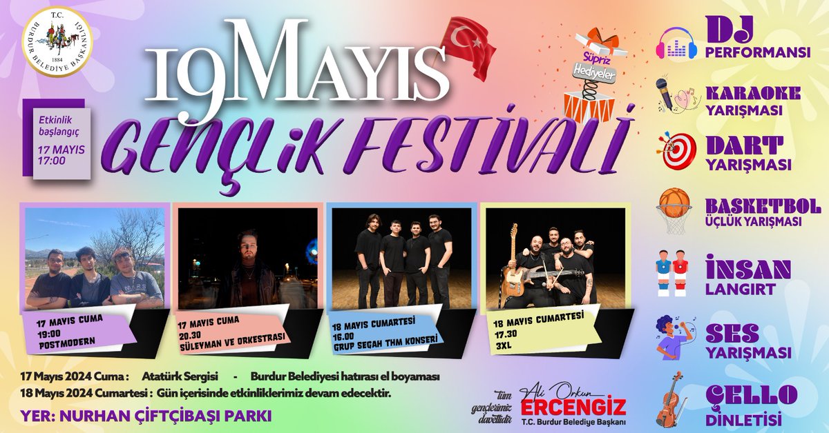 Hey gençler! Hazır mısınız? Burdur Belediyesi olarak düzenlediğimiz Gençlik Festivali yaklaşıyor ve bu sene çok daha renkli ve eğlenceli olacak! Müzik, dans, sanat ve daha fazlası için hazır olun. 19 Mayıs Gençlik Festivalimizi kaçırmayın @orkunercengiz