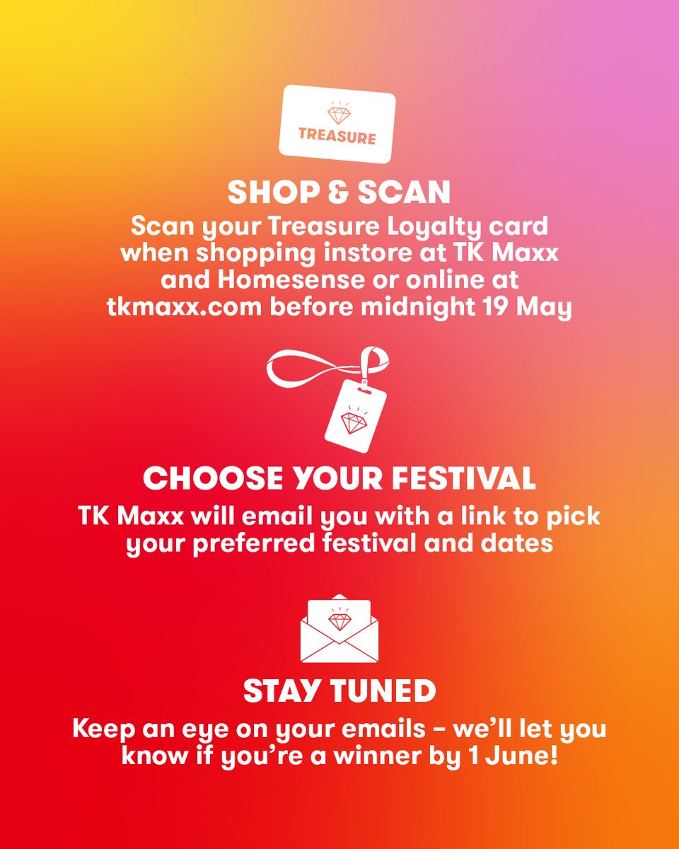 The ULTIMATE Treasure reward! @TKMaxx_UK and Homesense have over 4000 festival tickets up for grabs for UK members of their reward programme, Treasure. For a chance to WIN, sign up to Treasure today and use your Treasure card when purchasing in store or online, before midnight 19