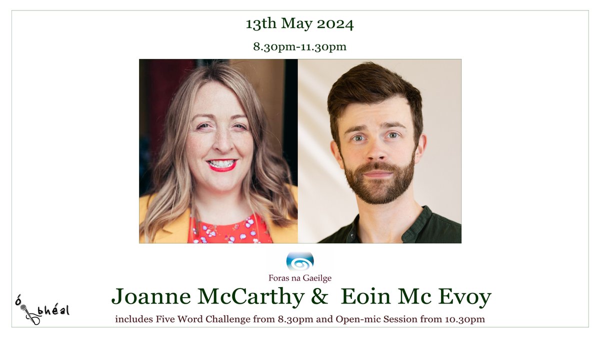 Anocht 13ú Bealtaine - Tonight 13th of May In association with @ForasnaGaeilge, Ó Bhéal presents @josieannarua & Eoin McEvoy obheal.ie/blog/guest-poe… @poetryireland @corkcityarts @artscouncil_ie @RTE_Culture @MunLitCentre #CorkInternationalPoetryFest