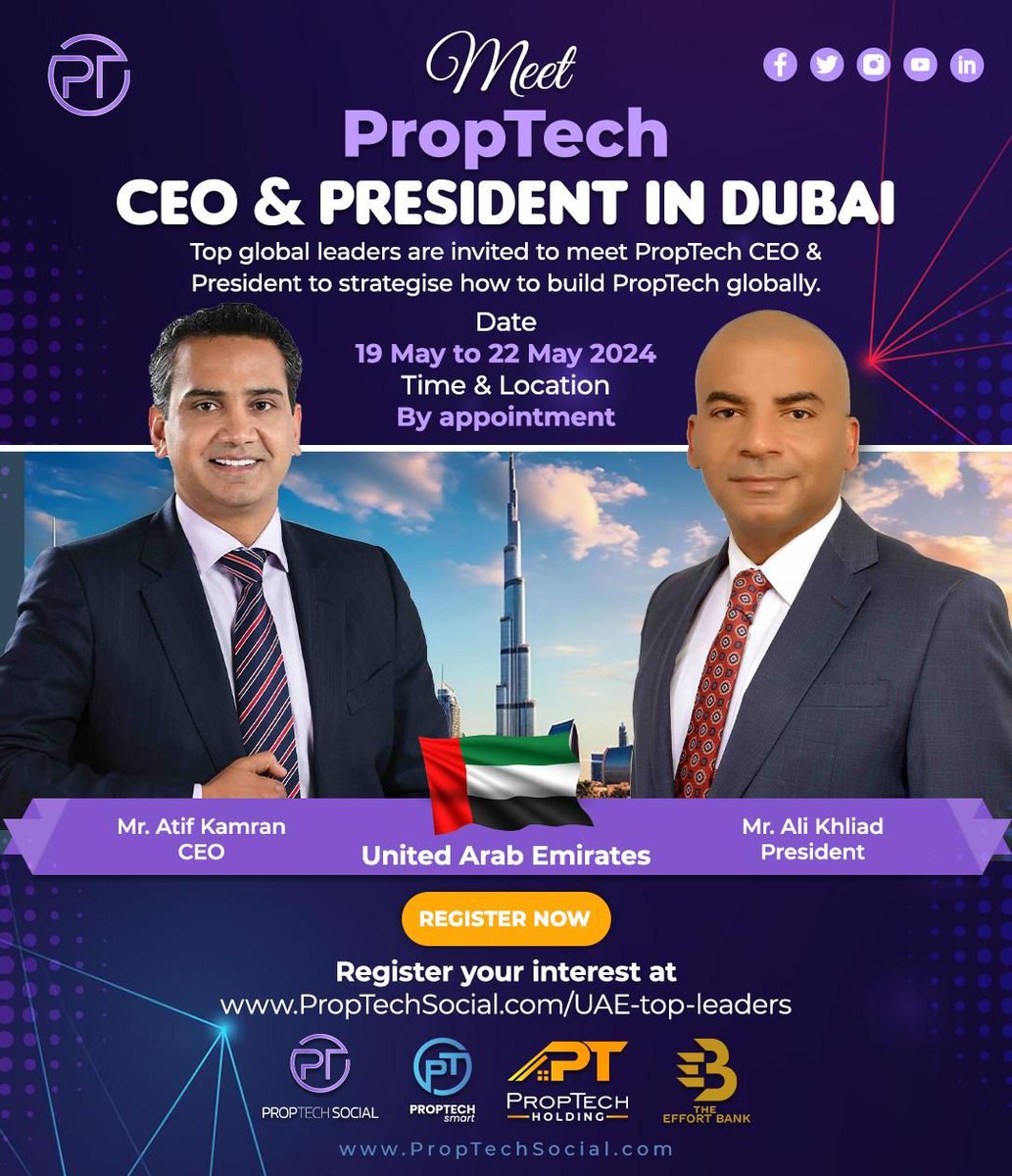 PtekHolding's tweet image. 🚀 Dubai Awaits! 🚀 
Meet our CEO &amp;amp; President from 19-22 May &apos;24. 🔥 
Let’s lead the PropTech revolution together 💪 
Your journey begins here. ✨ Register Now  👉  buff.ly/4bdk9ex  
#PropTechSocial #DubaiMeetup #Innovation #RealEstate #Blockchain