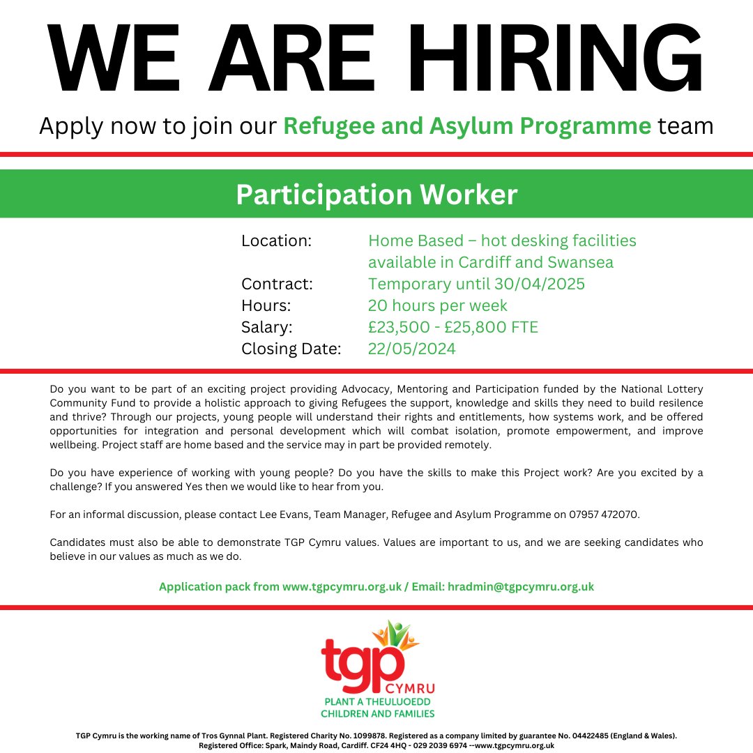 💼 Job opportunity This is an opportunity to make a difference by working alongside refugees, aiding their integration and wellbeing. For more information: tgpcymru.org.uk/get-involved/j…