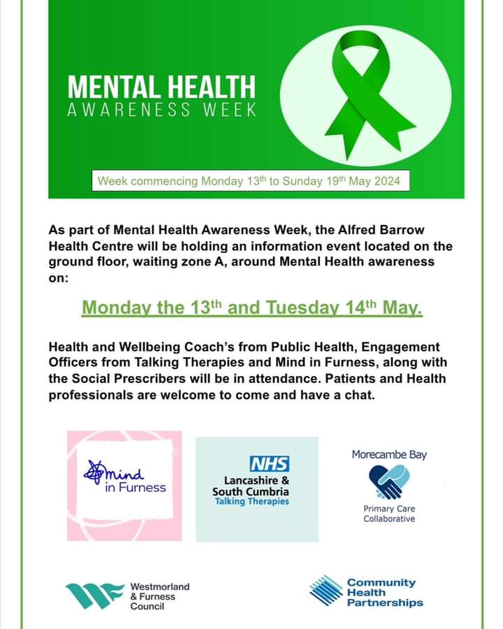 We will be in Alfred Barrow Health Centre, Barrow Mark &amp; Kimberly Clark with information about how we can support your wellbeing. Come along and have a chat about moving forward with your mental health. 
For details on all our services call 01229  827094.