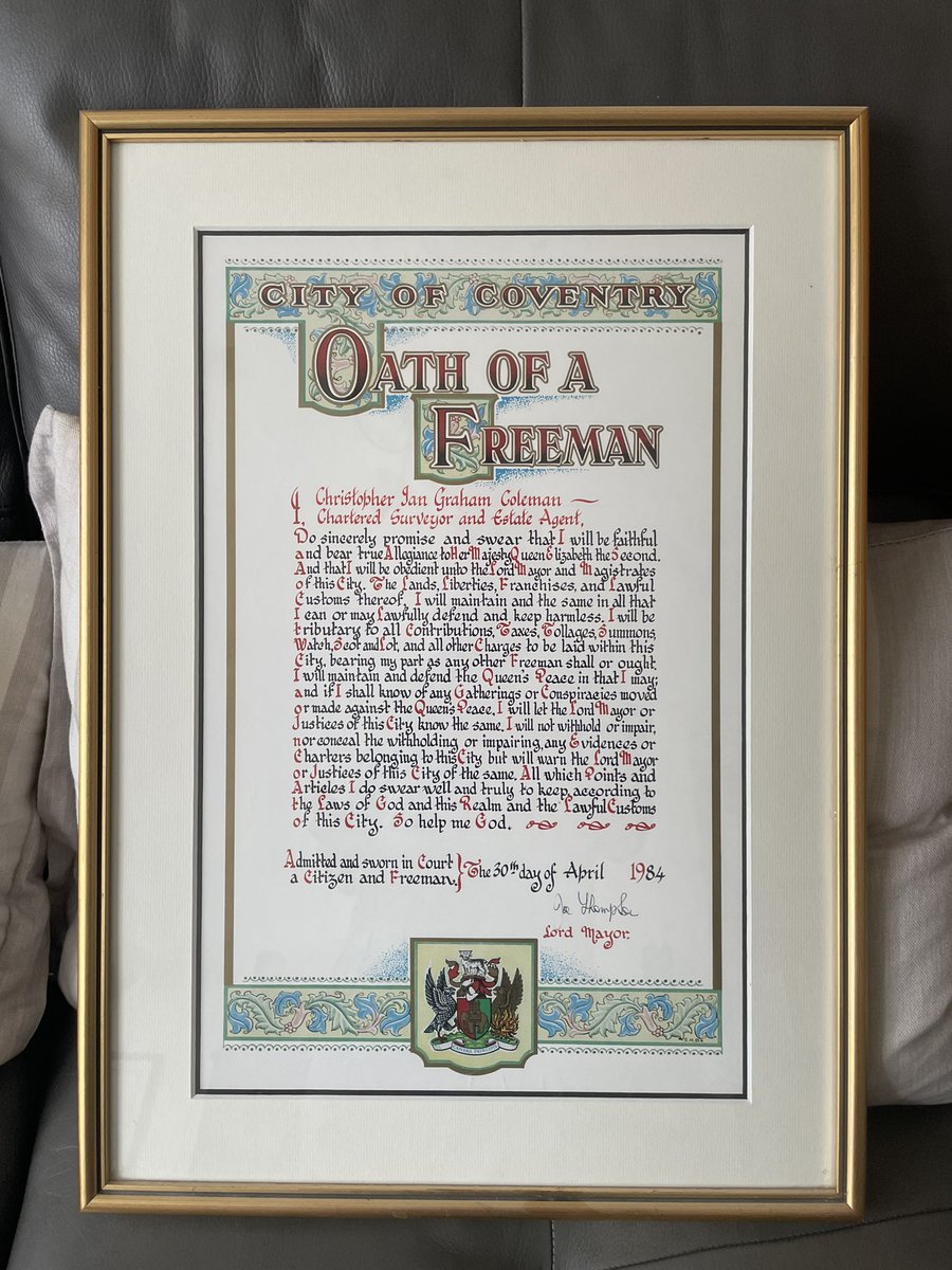 Just realised that a couple of weeks ago I ticked up 40 years of being a Freeman of the City Of Coventry. Unique to Coventry in that “all” it requires is 5 years servitude* Benefits, minimal** *Apprenticeship **Non-existent