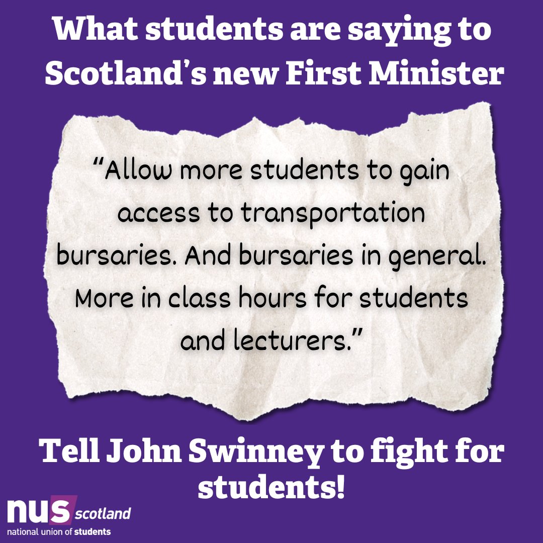 ✍️Students are writing messages to Scotland's new First Minister.

They are clear that they need a government which values and supports them.

Support our campaign to get the Scottish Government #FightingforStudents

nus-scotland.org.uk/fightingforstu…