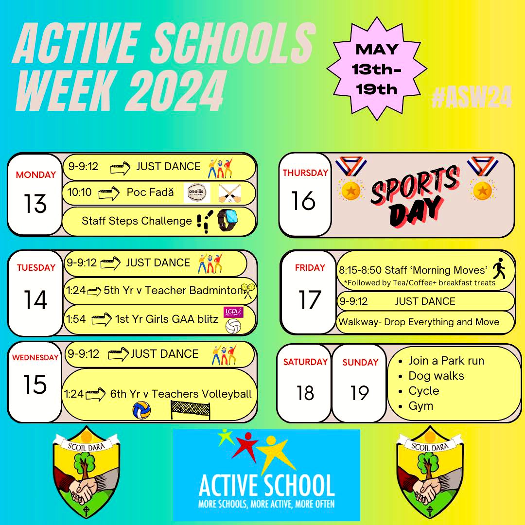 Scoil Dara Kilcock (@scoildara) on Twitter photo Our inaugural Active Schools Week begins today with a variety of staff and students events planned across the week. Well done to our TY ASF class for all their hard work in organising #ASW24 <a href="/ActiveFlag/">Active School Flag</a> <a href="/HealthyIreland/">HealthyIreland</a> @SportIreland <a href="/KildareSP/">Kildare Sports Partnership</a> Our inaugural Active Schools Week begins today with a variety of staff and students events planned across the week. Well done to our TY ASF class for all their hard work in organising #ASW24 <a href="/ActiveFlag/">Active School Flag</a> <a href="/HealthyIreland/">HealthyIreland</a> @SportIreland <a href="/KildareSP/">Kildare Sports Partnership</a>