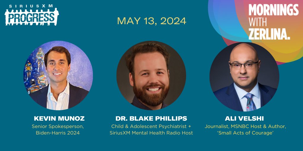 Hello Monday! Joining @ZerlinaMaxwell: Biden-Harris 2024 Sr. Spokesperson Kevin Munoz, Child & Adolescent Psychiatrist & @NYUDocs host Dr. Blake Phillips + @MSNBC Host & Author of the new book 'Small Acts of Courage' @AliVelshi! 📻@SiriusXMProg Ch. 127 siriusxm.us/Zerlina