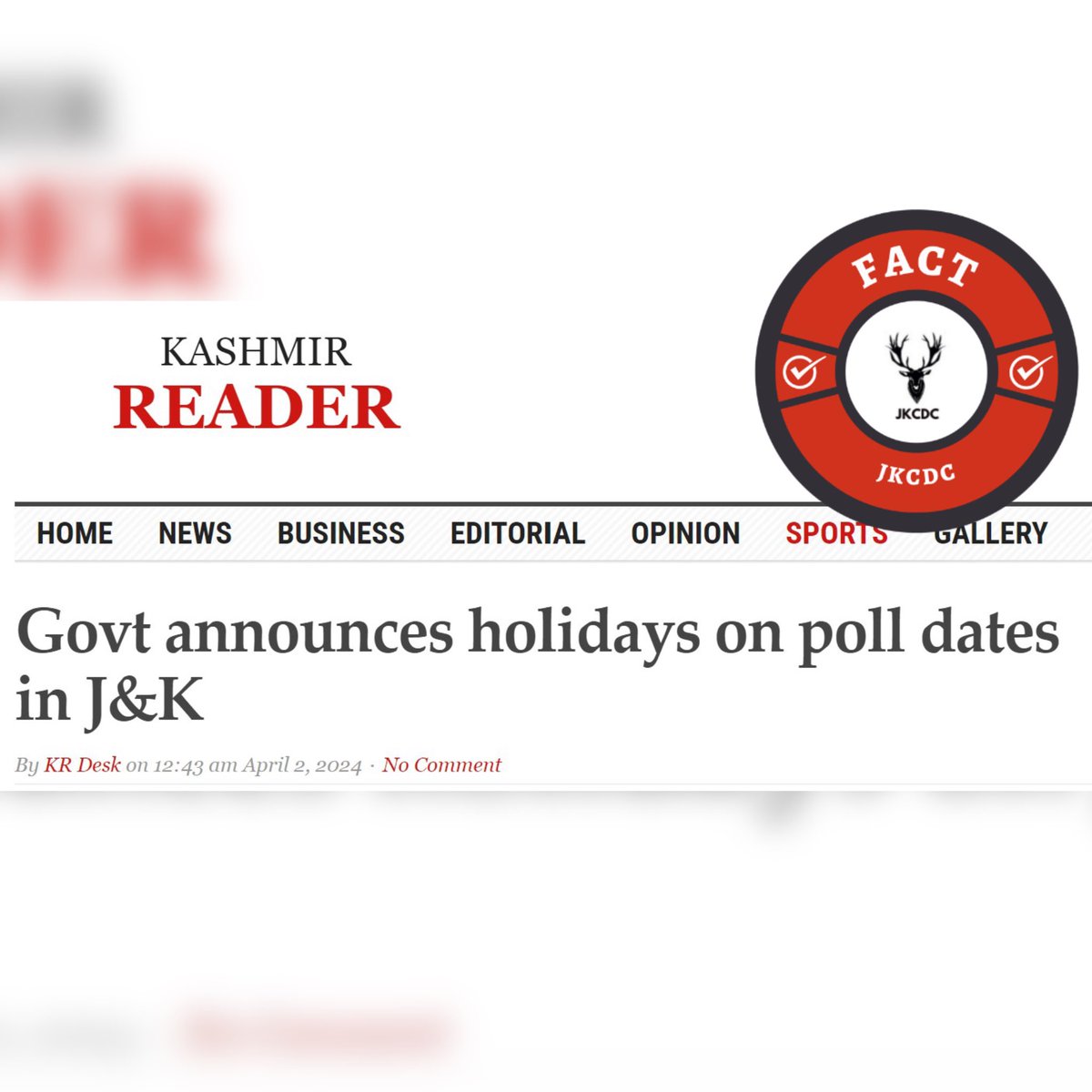 In response to video posted by @khanumarfa with the misleading claim that, “99% shops are closed in Srinagar without any formal orders” #Fact: This claim is misleading. J&K administration has announced public holiday on poll dates in the UT’s 05 parliamentary constituencies 1/3
