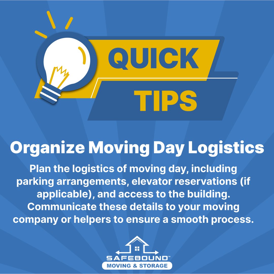 SafeboundMoving's tweet image. 📦Pro Tip: Organize Moving Day Logistics such as plan parking, elevator reservations, and building access etc for a smooth transition.

#movingtips #movingtime #movingtipsandtricks #movesmarter #packingproblems #moversandpackers #movers #movingchecklist #packingtips #educational