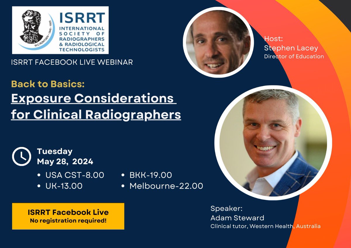 Join us on May 28 for the next @isrrt webinar, featuring Adam Steward from @WesternHealth on “Back to Basics: Exposure Considerations for Clinical Radiographers'. This is not to be missed!