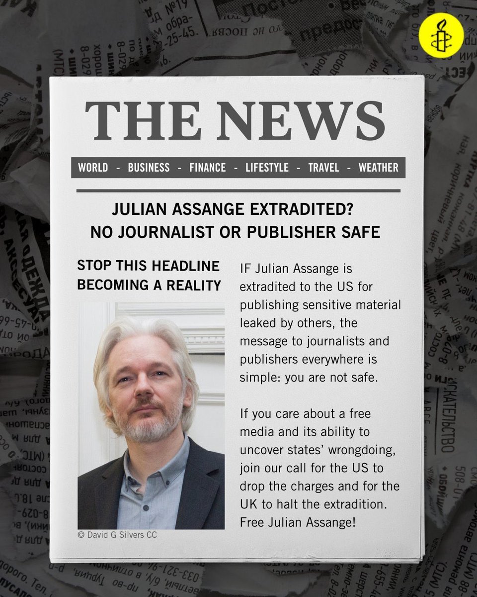 Amnesty: If Julian Assange is extradited to the US for publishing sensitive material leaked by others, the message to journalists and publishers everywhere is simple: you are not safe | @amnesty #FreeAssangeNOW Extradition decision: May 20