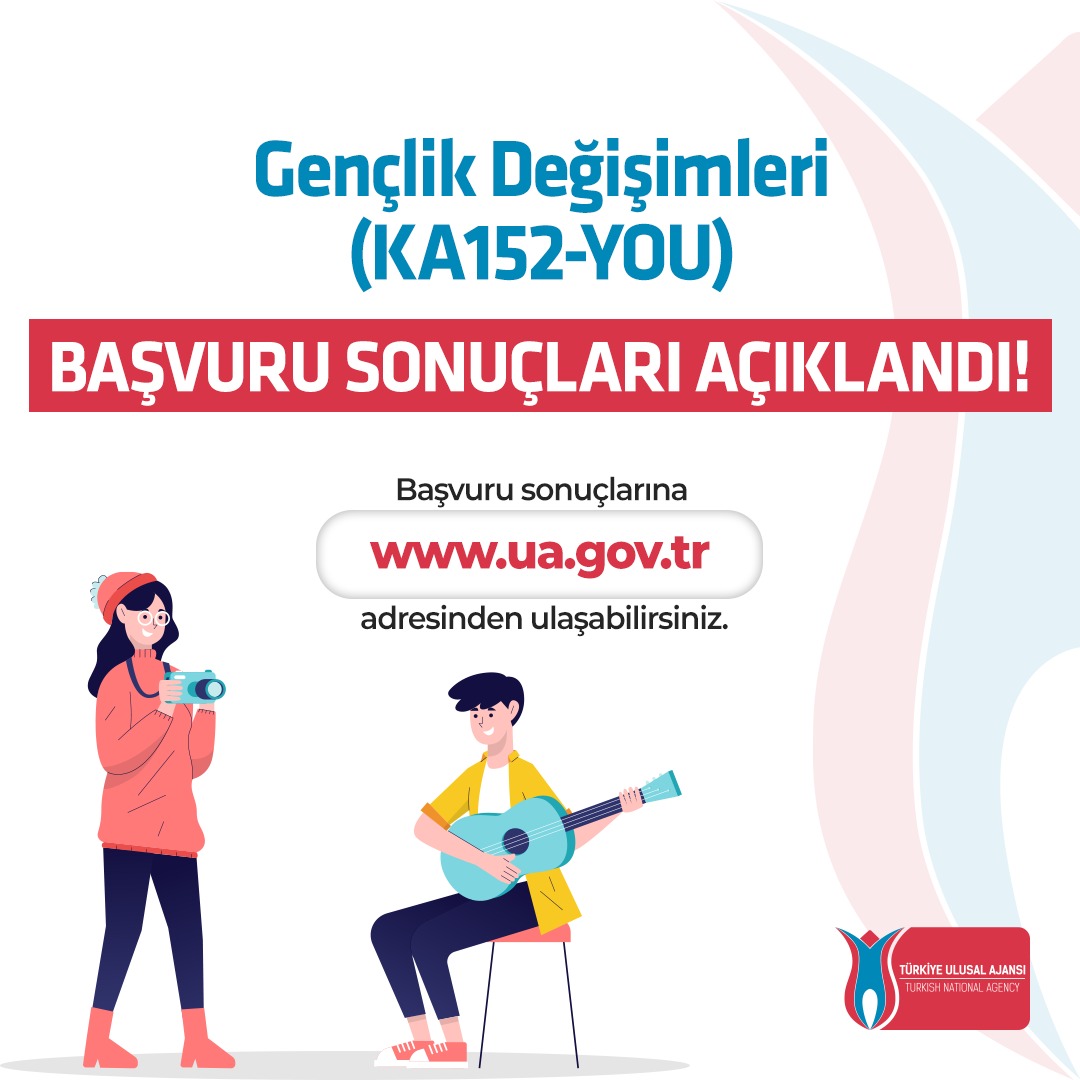 2023 Teklif Çağrısı Yılı Üçüncü Başvuru Dönemi Gençlik Değişimleri (KA152-YOU) Projeleri başvuru sonuçları açıklandı. Hibe almaya hak kazanan yararlanıcılarımızı tebrik ederiz. 👏 Sonuçlar için: ua.gov.tr/haberler/2023-…