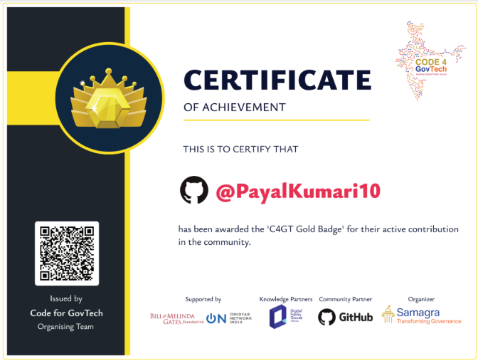 🎉 Celebrating this achievement,🏆 Honored to receive the 'Code for GovTech (C4GT) Gold Badge' for my contributions to the Gov Tech community!😊 #ProfessionalGrowth #Innovation #opensourcecontribution #TechForGood #ContinuousImprovement #GovTechCommunity #GovTech #opensource