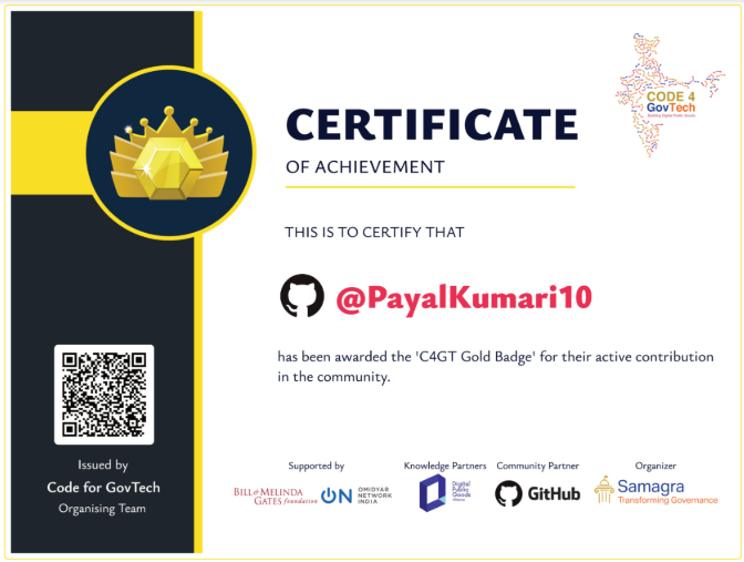 PayalKumar89652's tweet image. 🎉 Celebrating this achievement,🏆 Honored to receive the 'Code for GovTech (C4GT) Gold Badge' for my contributions to the Gov Tech community!😊 #ProfessionalGrowth #Innovation #opensourcecontribution #TechForGood #ContinuousImprovement #GovTechCommunity #GovTech #opensource
