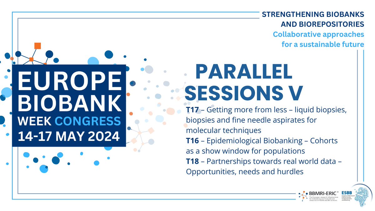 👀 Parallel sessions V:

🔬 Getting more from less – liquid biopsies, biopsies and fine needle aspirates for molecular techniques
👥 Epidemiological Biobanking – Cohorts as a show window for populations
🖥️ Partnerships towards real world data – Opportunities, needs and hurdles