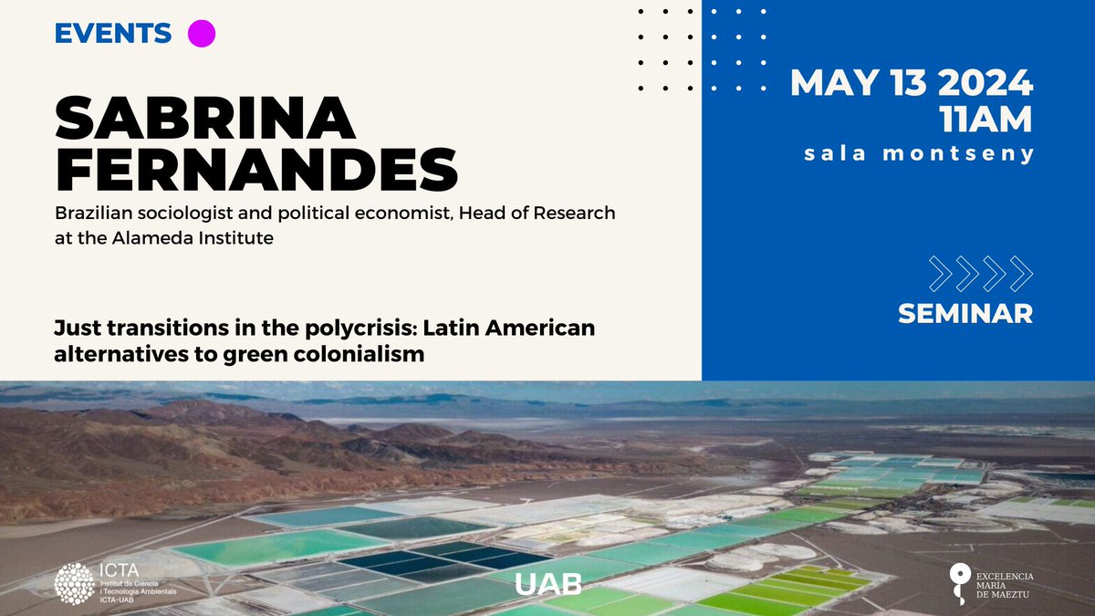 🟢Today, Sabrina Fernandes, Head of Research at the @alamedainst, will be visiting @ICTA_UAB to give a seminar on Latin America and ecosocialism, including pathways for debunking claims that ‘degrowth is not popular in the Global South’. uab.cat/web/sala-de-pr…